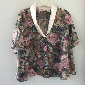 Vtg Victorias Secret Gold Label Pink Green Floral Paisley Button Up Pajama Top L